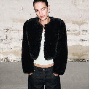 Mango Black Faux-Fur Cropped Jacket Size Small